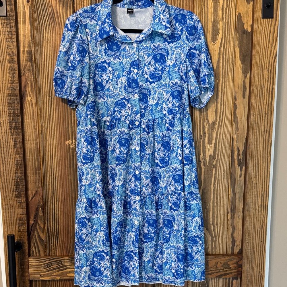 SHEIN Blue and White Floral Button-Front Dress